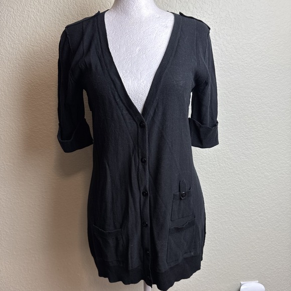 Cable & Gauge Sweaters - Cable & Gauge Women's Sweater Cardigan Black Button  Short Sleeves Pockets Sz. S